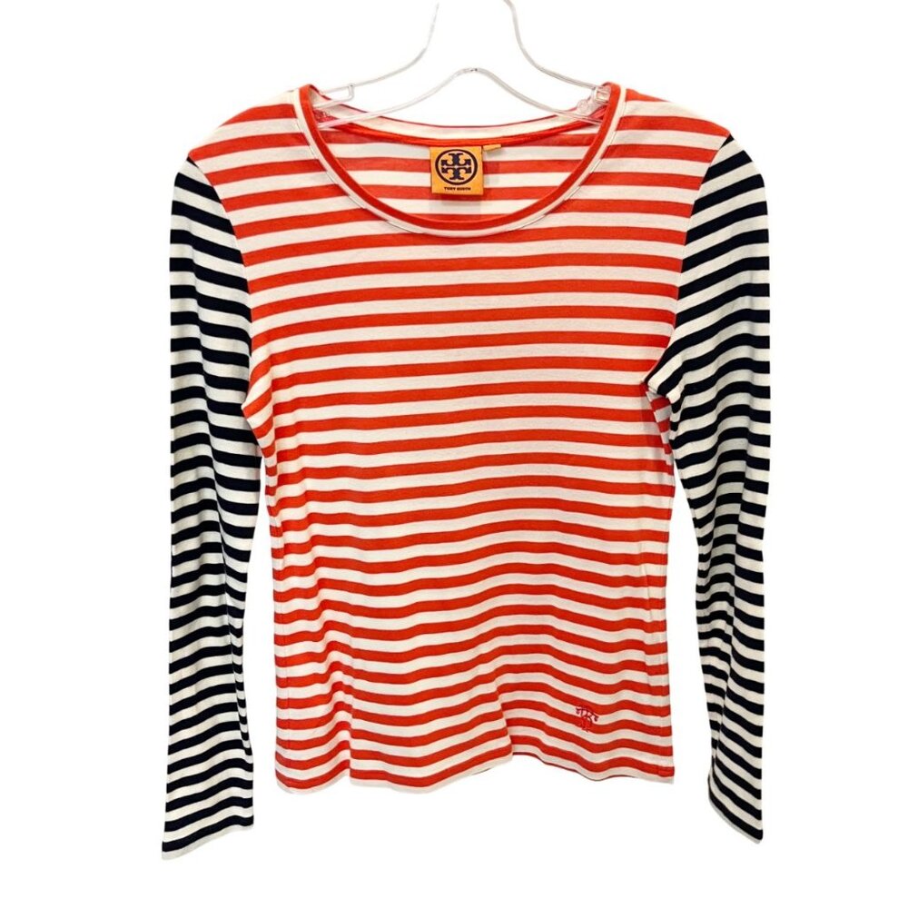 Tory Burch Orange & Navy Blue Striped Color‎ Block Elbow Patches Shirt Preppy XS